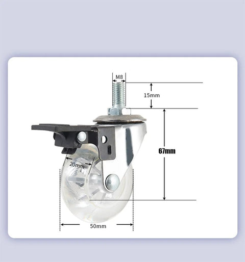 2 Inch Castor Wheels With Brake, Transparent Screw Brake Casters 8x15 Mm Threaded Stem Swivel Caster For Office Chair