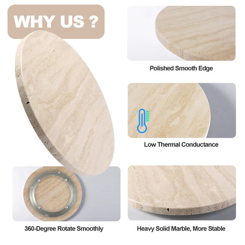 Natural Travertine Lazy Susan Turntable Organizer with polished edge and 360-degree rotation, 12-inch round serving tray features.