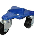 Tri Wheel Cup Dolly with 3" Hard Rubber Wheels - 840 lbs Capcity - Made in USA, blue cast iron frame, close-up view