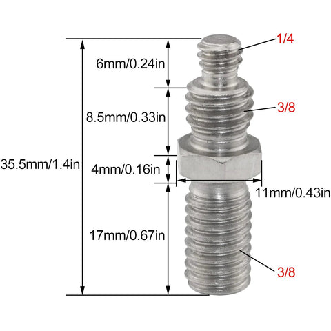 One Quarter To Three Eighths Inch Tripod Screw Adapter Set For Camera Accessories with dual-size threads and measurements