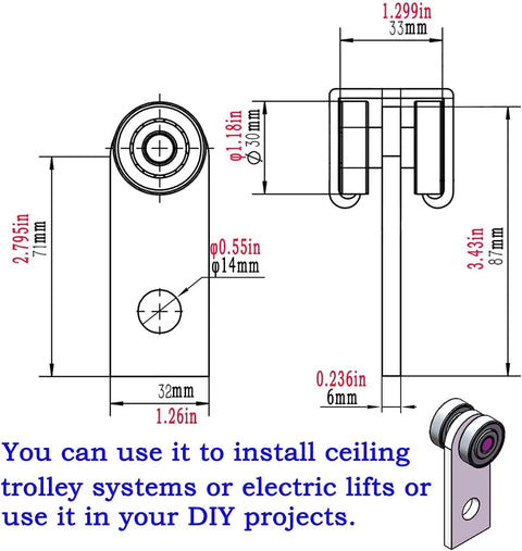 Diagram of Heavy Duty Two Bearing Trolley Assembly Set For 1-5/8 Inch Wide Strut Channel Or Taller, dimensions labeled.