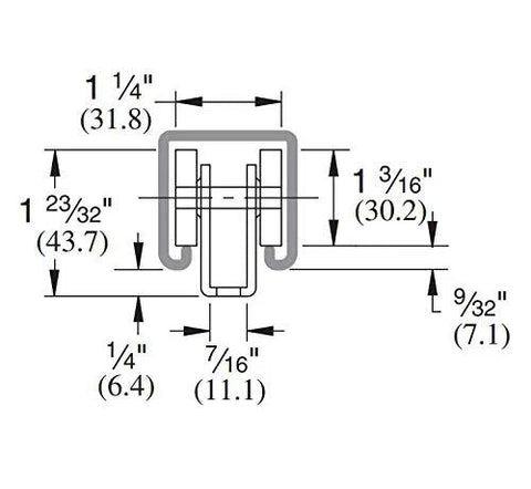 Technical diagram of Four Wheel Light Duty Trolley Assembly With 600 Lb Capacity, dimensions for strut channel compatibility.