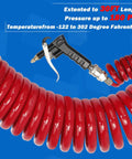 Heavy duty truck air duster blow gun kit with a 9 meter coil delivers powerful bursts up to 120 PSI and includes two interchangeable nozzle tips for precise cleaning, easily clearing debris from cab to sleeper for faster maintenance. Image shows a red coiled hose with a blow gun attached.