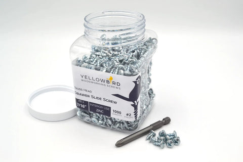 Jar of Eight By Seven Sixteenth Inch Truss Head Ball Bearing Drawer Slide Screws, zinc-plated with Phillips drive bit included