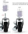 Two Inch Rubber Casters With One Quarter Twenty Threaded Stem For Carts And Wire Shelving NSF Listed Includes Two Locking And Two Non Locking Wheels With Combined Load Rating Of 360 Pounds For Four Wheels showing threaded stem adapters