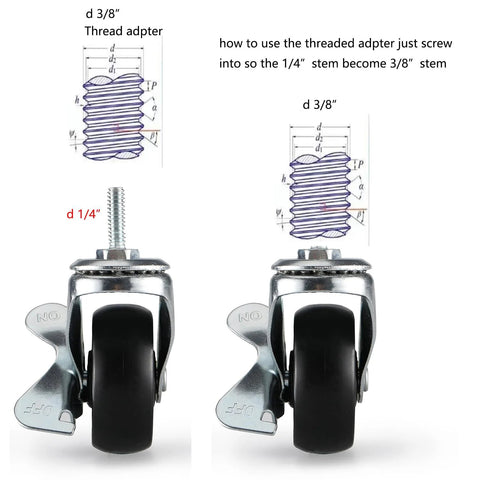 Two Inch Rubber Casters With One Quarter Twenty Threaded Stem For Carts And Wire Shelving NSF Listed Includes Two Locking And Two Non Locking Wheels With Combined Load Rating Of 360 Pounds For Four Wheels showing threaded stem adapters