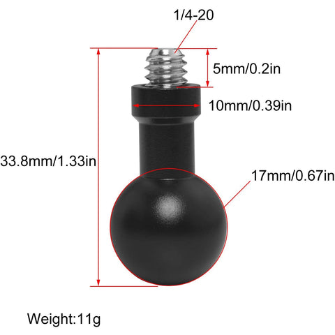 Two Pack 17mm Ball Head to Quarter Inch Stainless Steel Short Screw Connecting Rod for car phone mount, dimensions displayed.