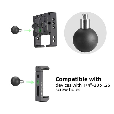Two Pack Ball Mount Adapters With One Inch Rubber And Stainless Steel Ball And One Quarter Twenty Threaded Post For RAM Mounts B Size Compatibility Upgrade For DA Ninety And DA Sixty Expansion And Versatile Mounting showing compatibility with screw holes.