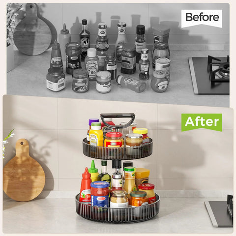 Two Tier Rotating Spice Rack Turntable For Kitchen Cabinet Pantry And Countertop, 11.4 Inch Diameter with condiments organized