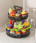 Two Tier Rotating Spice Rack Turntable For Kitchen Cabinet Pantry And Countertop with adjustable height, holding condiments and sauces.