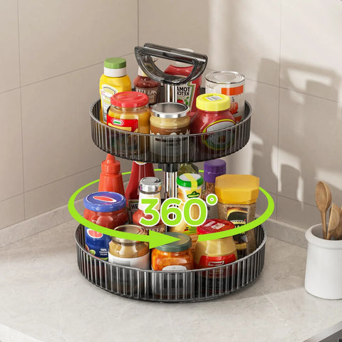 Two Tier Rotating Spice Rack Turntable For Kitchen Cabinet Pantry And Countertop with adjustable height, holding condiments and sauces.
