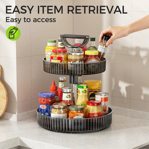 Two Tier Rotating Spice Rack Turntable For Kitchen Cabinet Pantry And Countertop with jars and bottles, on a kitchen counter