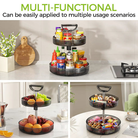 Two Tier Rotating Spice Rack Turntable For Kitchen Cabinet Pantry And Countertop with assorted condiments and snacks