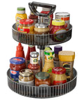 Two Tier Rotating Spice Rack Turntable For Kitchen Cabinet Pantry And Countertop with condiments and sauces on adjustable trays