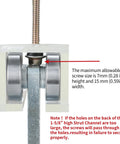 Two Wheel Strut Channel Trolley Rollers For Use With 1 And 5 Eighths Inch Wide And Taller Strut Channel, close-up view