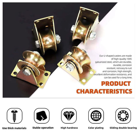 3-Inch U-Groove Caster Wheels with Bracket - Load Capacity 1102lbs - Perfect for Inverted Gates, Heavy-Duty Machines, and Wire Rope Rails (2 Pack) Ａ, showing four high-strength galvanized wheels and brackets with double bearings.