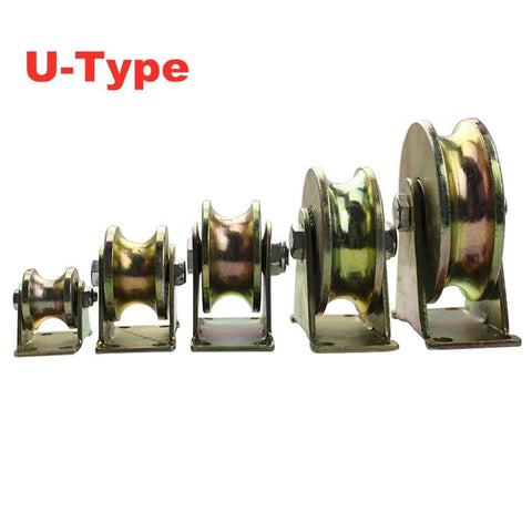 Pulley,Pulley Wheel, 2pc Heavy Duty Rigid Wheels,Sheave Round Tube Directional Track Wheel,Double Bearing,for Industrial Machines,Sliding Door,Rolling Gates,Wire Rope Rails(32mm/1.25in) shown in U-Type configuration with various sizes.