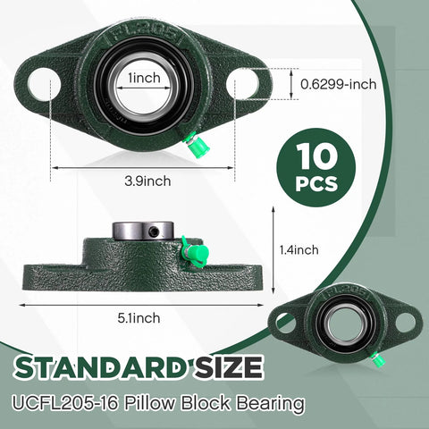 10 Pack UCFL205-16 Pillow Block Bearing 1 Inch Bore with cast iron housing and self-aligning feature, two bolt flange mount, standard size.