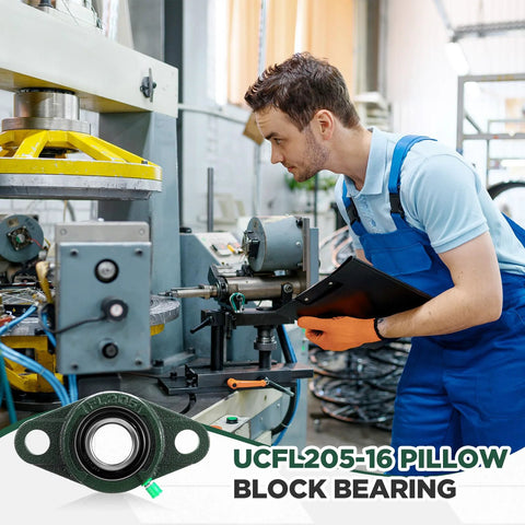 Technician inspecting machine with 10 Pack UCFL205-16 Pillow Block Bearing 1 Inch Bore Self Aligning Flange Mount Ball Bearing Unit