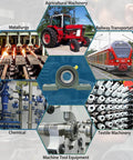 4 Pack UCP205-16 Pillow Block Mounted Ball Bearing image with applications in agriculture, railways, metallurgy, and textiles.