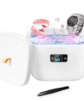 Ultrasonic Retainer Cleaner 45kHz Dental Cleaning Machine for Dentures Aligners Braces Jewelry with assorted items and display screen.