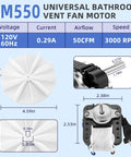 Universal Bathroom Vent Fan Motor Kit SM550 Electric Motors Fit for Nu.Tone Bro.an - 50 CFM 120V, motor dimensions and specifications