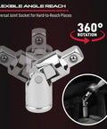 Four Piece Three Eighths Inch Drive Socket Extension Bar Set With Three Six And Ten Inch Extensions And Universal Joint Sockets Chrome Vanadium Steel Construction showcased with 360-degree rotation flexibility for auto repair and home improvement.