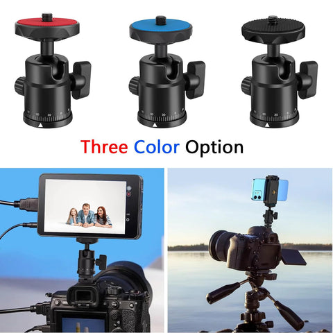 Universal Quarter Inch Swivel Mini Ball Head Tripod Mount With Hot Shoe Attachment in three colors, shown mounted on DSLR camera with accessories.