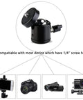 Universal 1/4 Inch Swivel Mini Ball Head Mount With Hot Shoe Adapter For Cameras And More shown with compatible devices