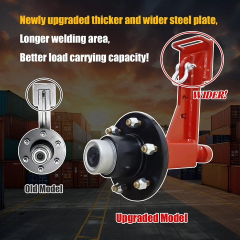 Comparison of old and upgraded heavy-duty container wheel kit components with six lug wheels and carbon steel U shackle bundles.