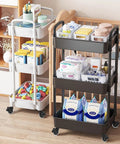 Two storage carts with 3 Inch Heavy Duty Rubber Caster Wheels With Brakes For Carts, Dollies And Furniture, loaded with household items.