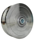 Close-up of Powered Sliding Gate V Groove Wheel 6" x 1-3/4" - 5000 lbs Capacity, zinc plated steel with bearings visible