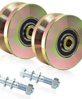 Two Pack Four Inch Solid Slide V Groove Wheels With Heavy Duty Sliding Gate Casters For Industrial Rails And Machinery One And Three Quarter Inch Width Gate Wheels With Screws And Double Bearings Corrosion Resistant Load Capacity Up To 1000 Lbs, showing wheels and mounting hardware