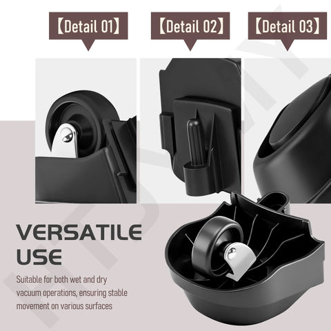 Close-up details of 4 Pack Foot And Wheel Vacuum Caster Replacement Kit 12388 12293 showing versatile use for wet dry vacuums.