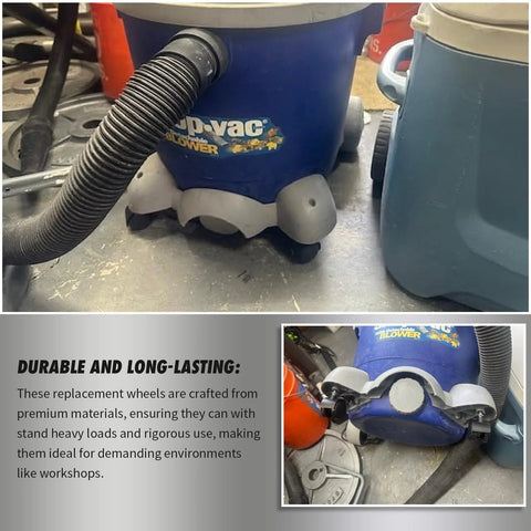 4 Pack Caster Wheels For Vacuum Cleaners Replacement Durable And Easy To Install attached on shop vac in a workshop setting