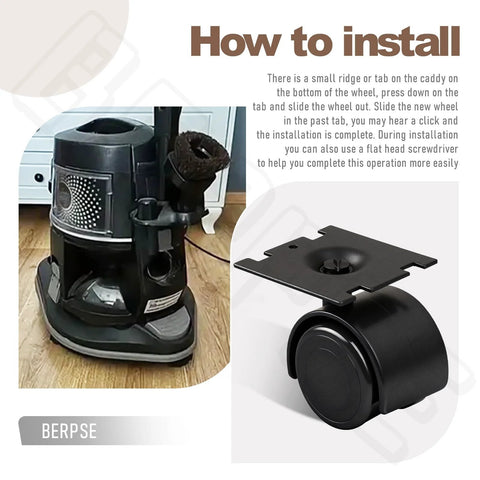 40 Mm Wheel And Plate Assembly For Vacuum D4 D4C SE E E2 Series Dollie Cart Castor Wheels With One And A Half Inch Wheel Diameter Black Durable Construction To Extend Service Life 4 Pack Replacement Parts displayed with vacuum installation instructions.
