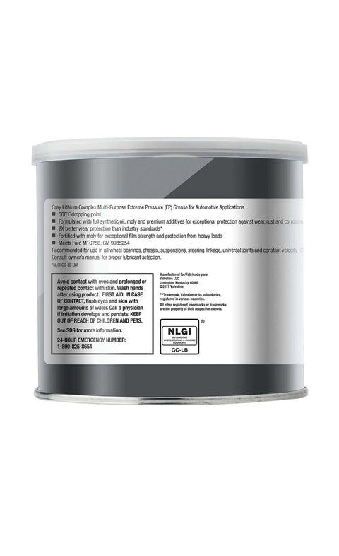Back label of Valvoline - VV986 Moly-Fortified Gray Full Synthetic Grease 1 LB with usage instructions and specifications