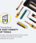 Various Purdy painting tools including brushes and rollers, with packaging, displayed beside a tool case.
