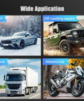 Collage showing SUV in snow, off-road vehicle in dirt, truck on road, and motorcycle labeled 'Motorcvcie'