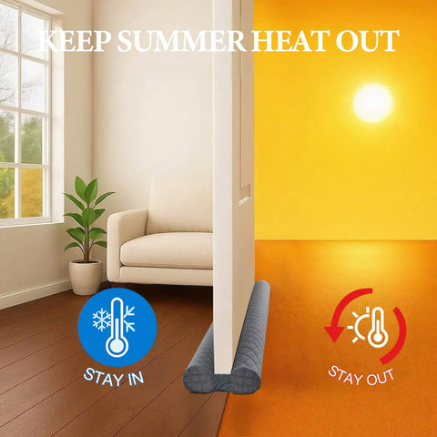 Velvet Under Door Draft Stopper With Adjustable 30 To 36 Inch Gap shown under door blocking heat on sunny day
