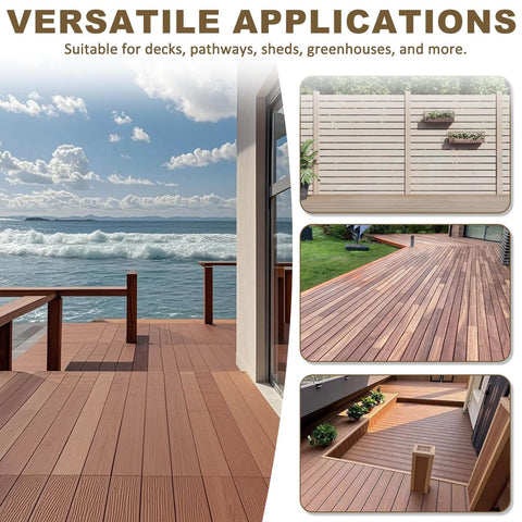 Adjustable Deck Support Pedestal Kit With 24 Pack Foundation Blocks For Decks Joists And Flooring Height Adjustable From One And Three Sixteenths Inches To Two And Three Eighths Inches Includes 48 Screws Tape And Screwdriver shown in outdoor deck application with a view of ocean