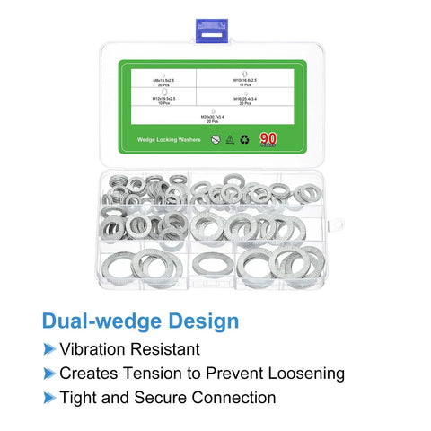 Vibration Resistant Wedge Locking Washers For M8 To M20 Bolts 90 Pcs Mn Steel in box showing dual-wedge design