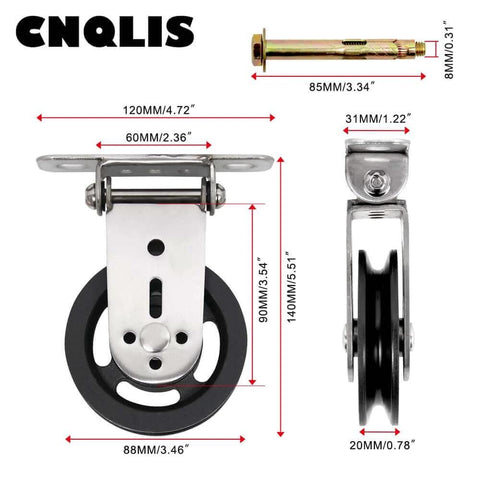 Gym Pulley Blocks,3.46in/90mm Wall Mount Fixed Pulley Wheel Rotation 180 Degree for Gym Pulley System, front and side view