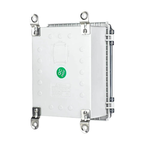 Front view of IP67 Waterproof Electrical Junction Box With Clear ABS Plastic Enclosure, wall-mounted, 8.7x6.7x4.3 inches.