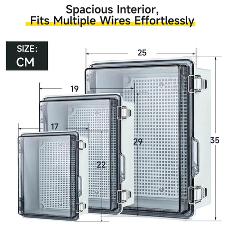 Side view of IP67 Waterproof Electrical Junction Box With Clear ABS Plastic Enclosure For Outdoor Garden Use, 8.7x6.7x4.3 Inches.