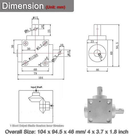 Technical drawing and dimensions of Waterproof 1 To 1 Right Angle Gearbox 1.5 Module 20 Teeth 90 Degree Drive for outdoor projects