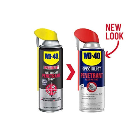 WD-40 Specialist Penetrant with Smart Straw, Penetrant for Metal, Rubber and Plastic Threads, Locks and Nuts, Industrial Strength Fast-Acting Formula, 11 Oz, new packaging design comparison.