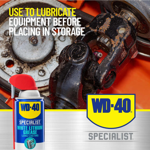 Close-up of WD-40 Specialist White Lithium Grease Spray with SMART STRAW SPRAYS 2 WAYS, 10 OZ near mechanical gears.