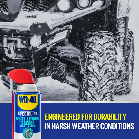 Image of WD-40 Specialist White Lithium Grease Spray with SMART STRAW SPRAYS 2 WAYS, 10 OZ, in front of an ATV in snow.