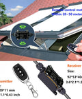 Weatherproof Wireless DC Remote Switch for 12 to 48 volt doors and shutters showing receiver and transmitter with sizes.